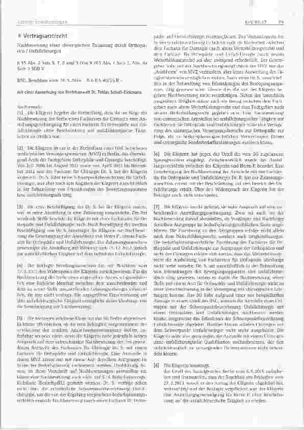 Vorschauseite 1: Vertragsarztrecht Nachbesetzung einer chirurgisehen Zulassung durch Orthopäden / Unfallehirurgen