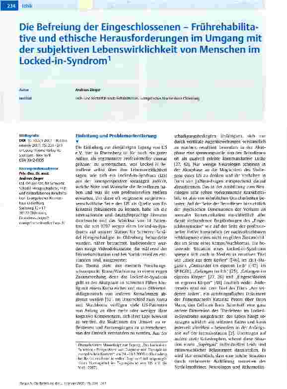 Vorschauseite 1: Die Befreiung der Eingeschlossenen - Frührehabilitative und ethische Herausforderungen im Umgang mit der subjektiven Lebenswirklichkeit von Menschen im Locked-in-Syndrom