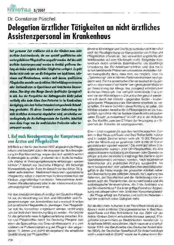Vorschauseite 1: Delegation ärztlicher Tätigkeiten an nicht ärztliches Assistenzpersonal im Krankenhaus