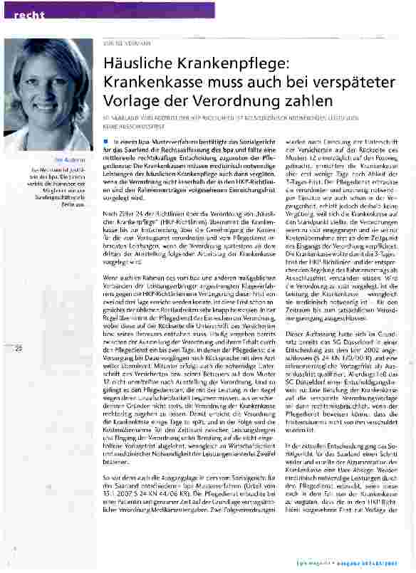 Vorschauseite 1: Häusliche Krankenpflege: Krankenkasse muss auch bei verspäteter Vorlage der Verordnung zahlen