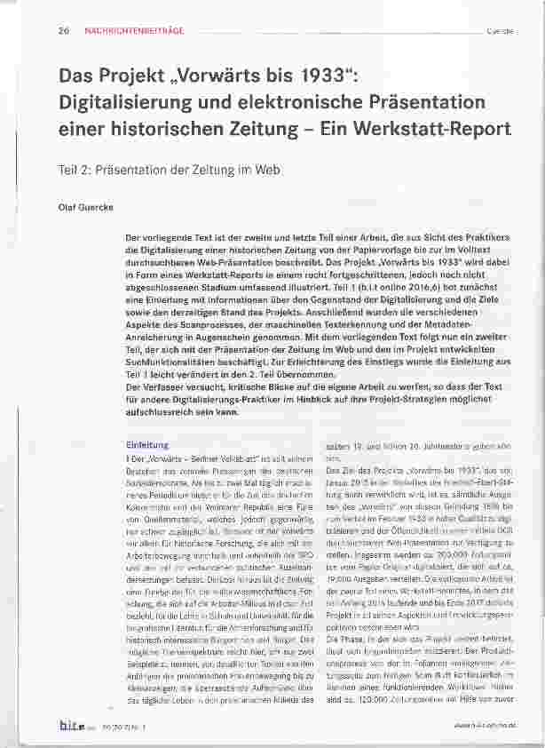 Vorschauseite 1: Das Projekt „Vorwärts bis 1933“: Digitalisierung und elektronische Präsentation einer historischen Zeitung - Ein Werkstatt-Report Teil 2: Präsentation der Zeitung im Web