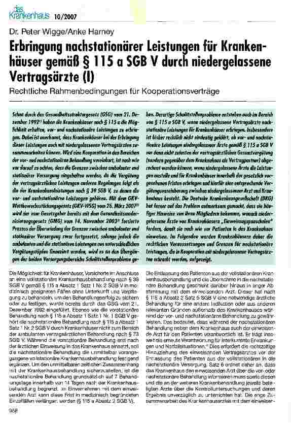 Vorschauseite 1: Erbringung nachstationärer Leistungen für Krankenhäuser gemäß § 115 a SGB V durch niedergelassene Vertragsärzte