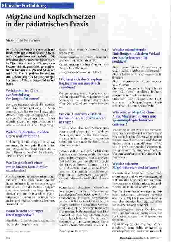 Vorschauseite 1: Migräne und Kopfschmerzen in der pädiatrischen Praxis