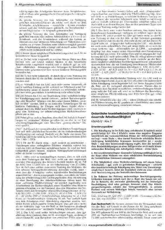 Vorschauseite 1: Ordentliche krankheitsbedingte Kündigung -dauernde Arbeitsunfähigkeit