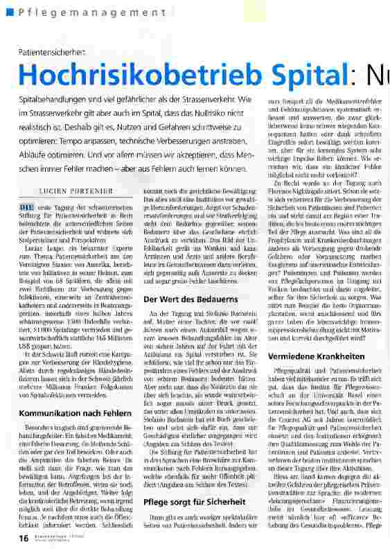 Vorschauseite 1: Patientensicherheit Hochrisikobetrieb Spital: Nutzen und Gefahren optimieren