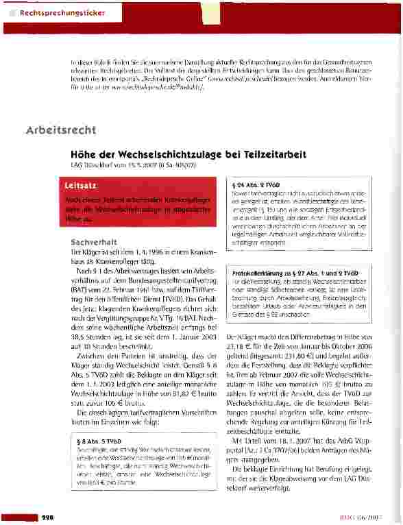 Vorschauseite 1: Höhe der Wechselschichtzulage bei Teilzeitarbeit