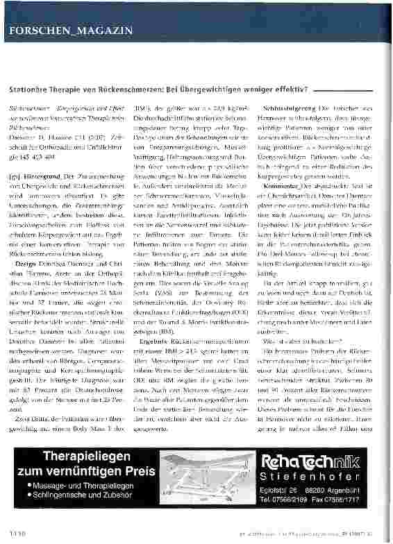 Vorschauseite 1: Stationäre Therapie von Rückenschmerzen: Bei Übergewichtigen weniger effektiv?