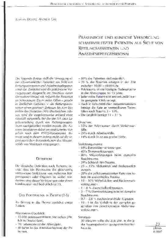 Vorschauseite 1: Präklinische und klinische Versorgung schwerverletzter Patienten aus Sicht von Rettungsassistenten und Anästhesiepflegepersonal