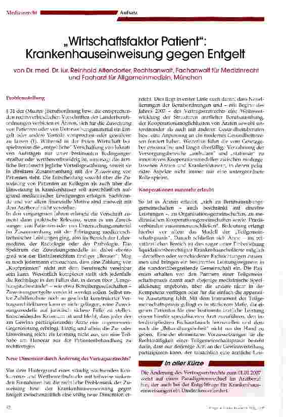 Vorschauseite 1: „Wirtschaffsfaktor Patient: Krankenhauseinweisung gegen Entgelt
