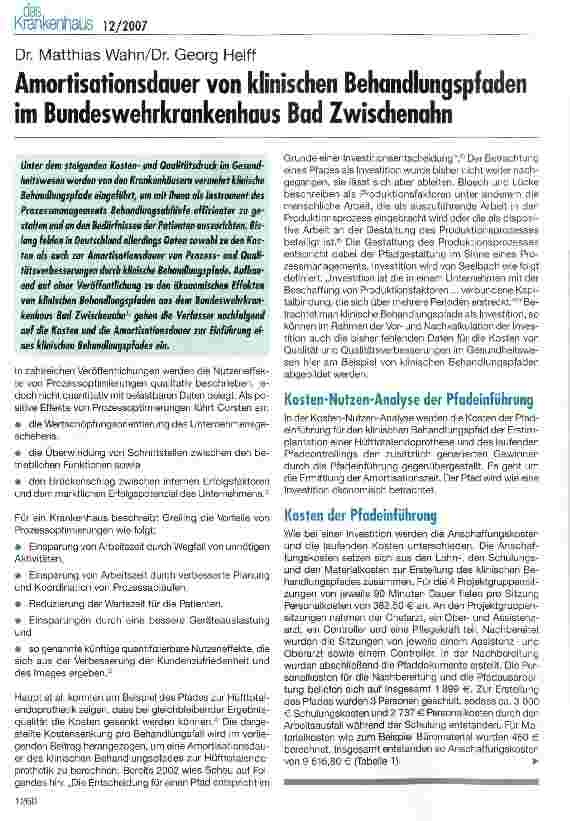 Vorschauseite 1: Amortisationsdauer von klinischen Behandlungspfaden im Bundeswehrkrankenhaus Bad Zwischenahn