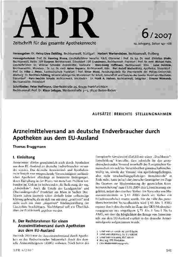 Vorschauseite 1: Arzneimittelversand an deutsche Endverbraucher durch Apotheken aus dem EU-Ausland