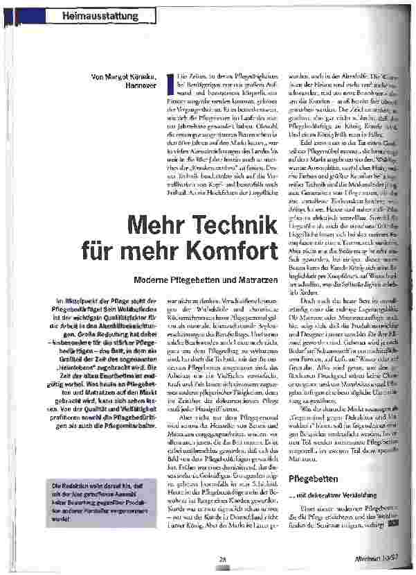 Vorschauseite 1: Mehr Technik für mehr Komfort Moderne Pflegebetten und Matratzen