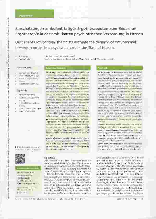 Vorschauseite 1: Einschätzungen ambulant tätiger Ergotherapeuten zum Bedarf an Ergotherapie in der ambulanten psychiatrischen Versorgung in Hessen