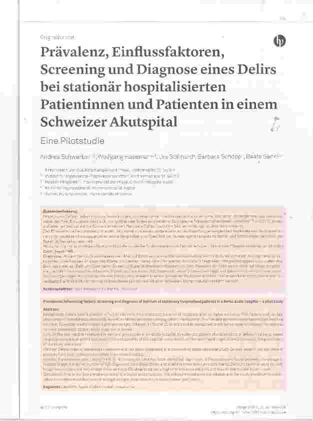 Vorschauseite 1: Prävalenz, Einflussfaktoren, Screening und Diagnose eines Delirs bei stationär hospitalisierten Patientinnen und Patienten in einem Schweizer Akutspital