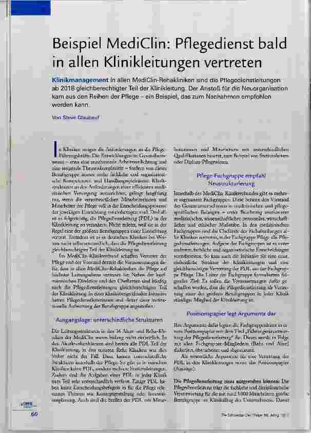 Vorschauseite 1: Beispiel MediClin: Pflegedienst bald in allen Klinikleitungen vertreten
