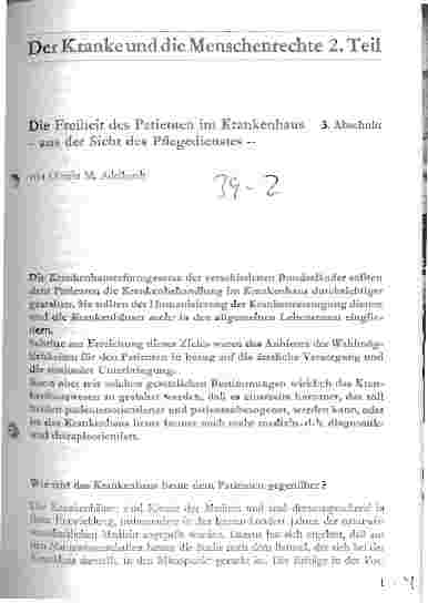 Vorschauseite 1: Die Freiheit des Patienten im Krankenhaus - aus der Sicht des Pflegedienstes - 3. Abschnitt