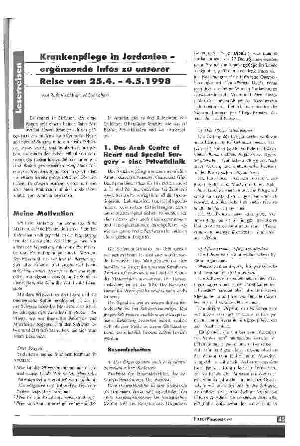 Vorschauseite 1: Krankenpflege in Jordanien - ergänzende Infos zu unserer Reise vom 25. 4. - 4. 5. 1998