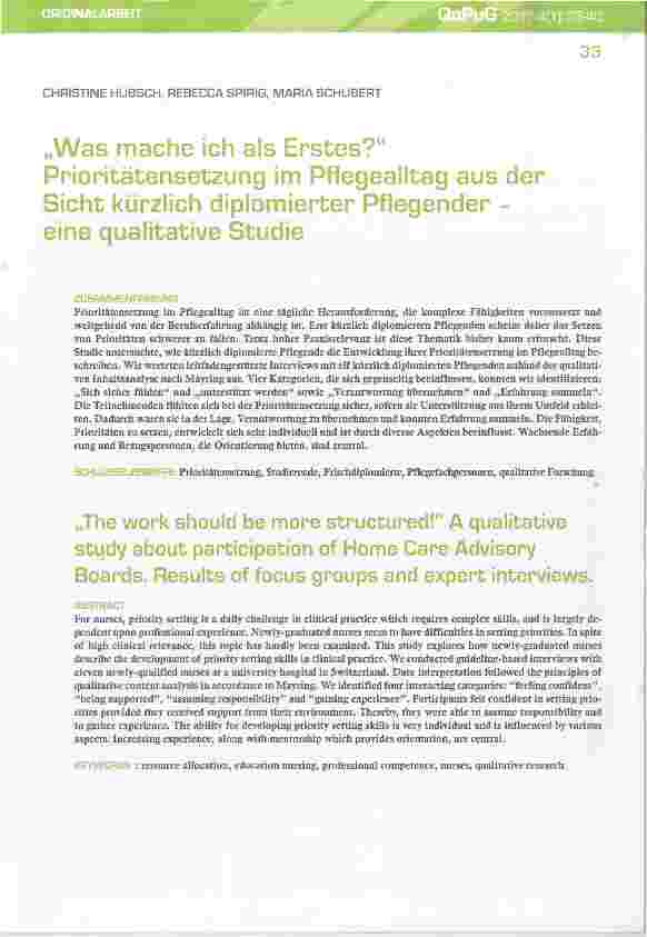 Vorschauseite 1: „Was mache ich als Erstes?“ Prioritätensetzung im Pflegealltag aus derSicht kürzlich diplomierter Pflegender eine qualitative Studie