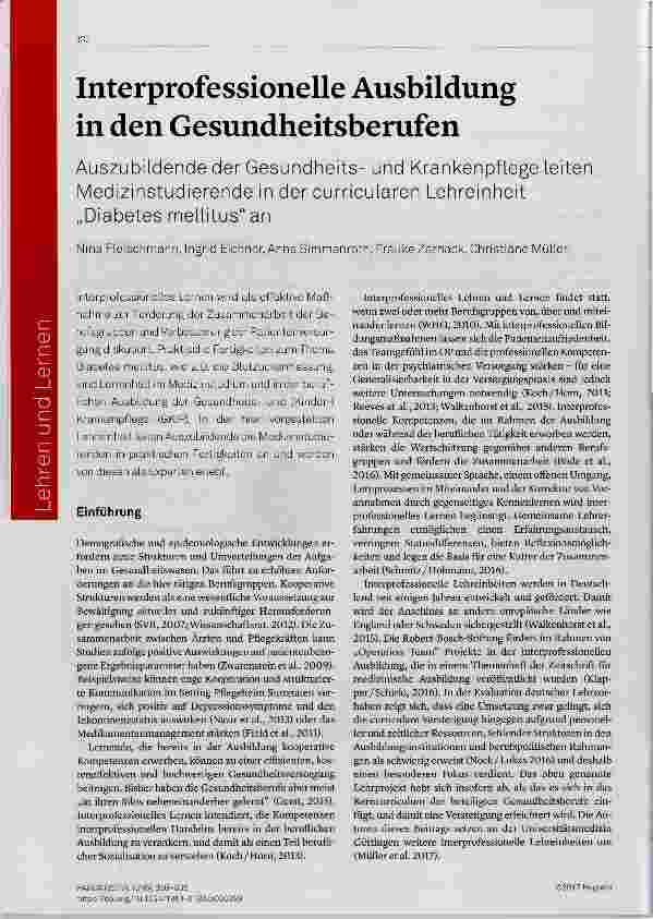 Vorschauseite 1: Interprofessionelle Ausbildung in den Gesundheitsberufen Auszubildende der Gesundheitsund Krankenpflege leiten Medizinstudierende in der curricularen Lehreinheit „Diabetes mellitu…