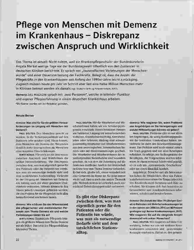 Vorschauseite 1: Pflege von Menschen mit Demenz im Krankenhaus Diskrepanz zwischen Anspruch und Wirklichkeit