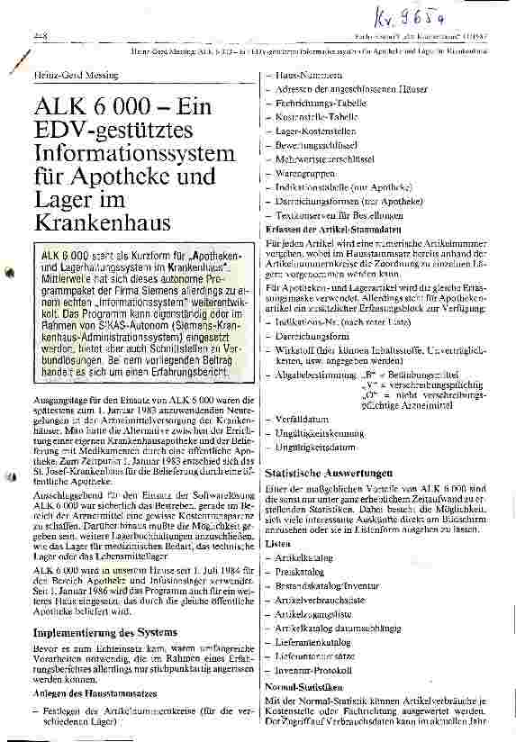 Vorschauseite 1: ALK 6 000 - Ein EDV-gestütztes Informationssystem für Apotheke und Lager im Krankenhaus