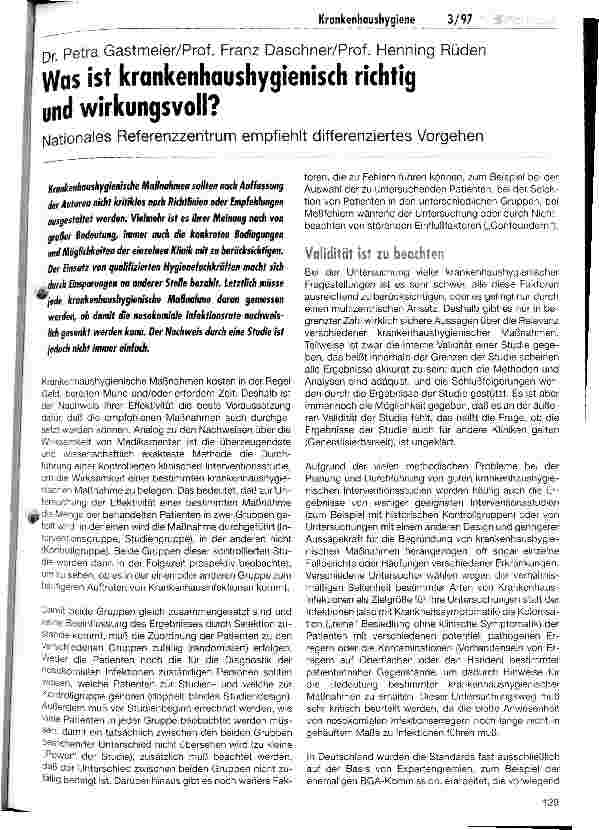 Vorschauseite 1: Was ist krankenhaushygienisch richtig und wirkungsvoll? Nationales Referenzzentrum empfiehlt differenziertes Vorgehen