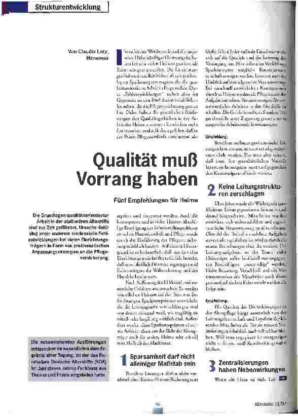 Vorschauseite 1: Qualität muß Vorrang haben Fünf Empfehlungen für Heime