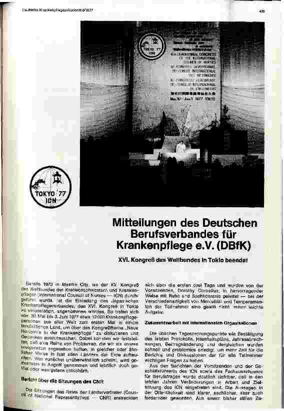 Vorschauseite 1: Mitteilungen des Deutschen Berufsverbandes für Krankenpflege e.V. (DBfK)XVI. Kongreß des Weltbundes in Tokio beendet