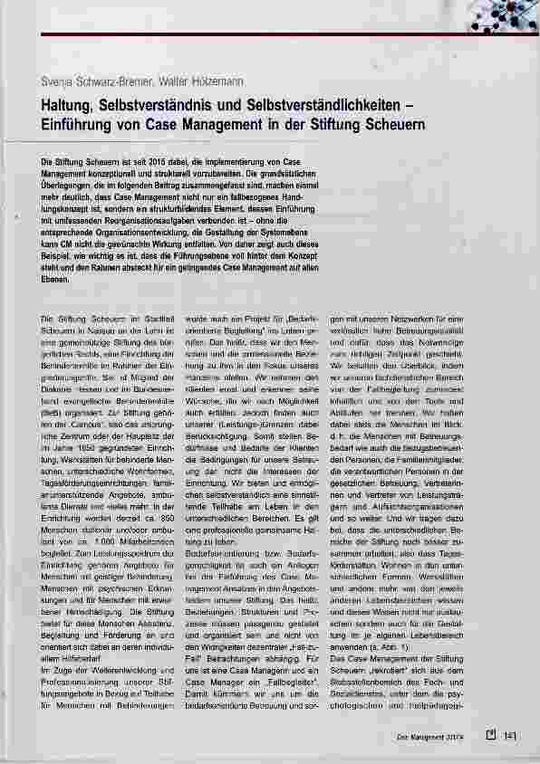 Vorschauseite 1: Haltung, Selbstverständnis und Selbstverständlichkeiten Einführung von Case Management in der Stiftung Scheuern
