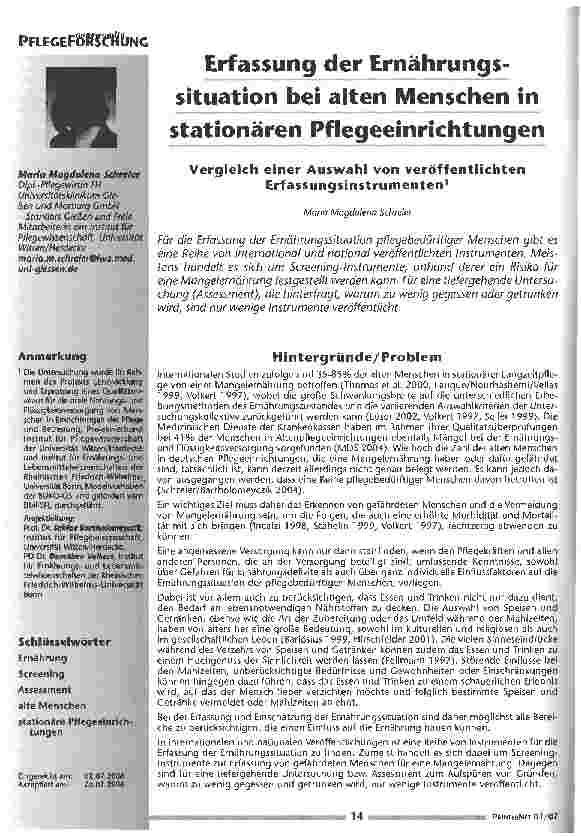 Vorschauseite 1: Erfassung der Ernährungssituation bei alten Menschen in stationären Pflegeeinrichtungen