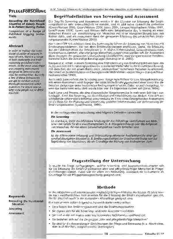 Vorschauseite 2: Erfassung der Ernährungssituation bei alten Menschen in stationären Pflegeeinrichtungen