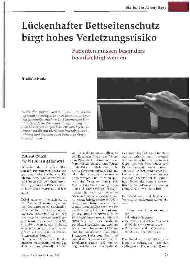 Vorschauseite 1: Lückenhafter Bettseitenschutz birgt hohes Verletzungsrisiko