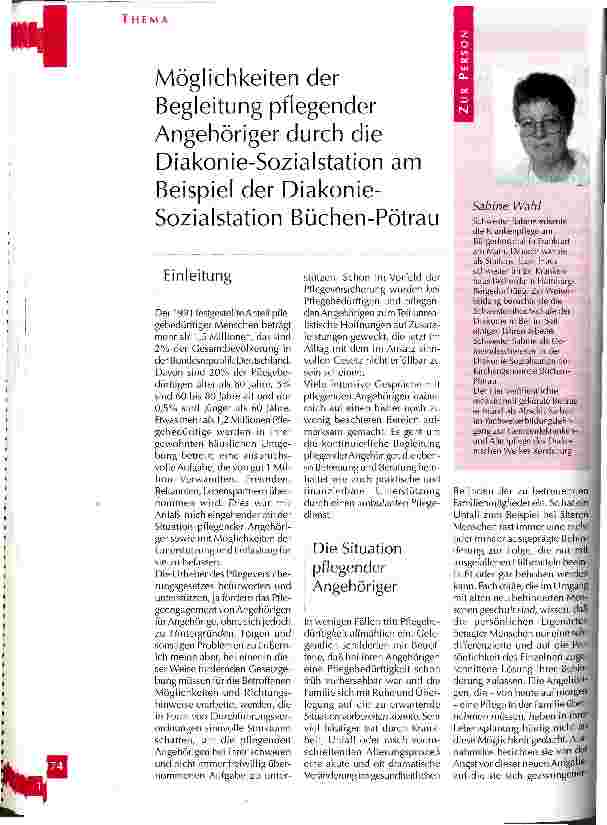 Vorschauseite 1: Möglichkeiten der Begleitung pflegender Angehöriger durch die Diakonie- Sozialstation am Beispiel der Diakonie-Sozialstation Büchen-Pötrau