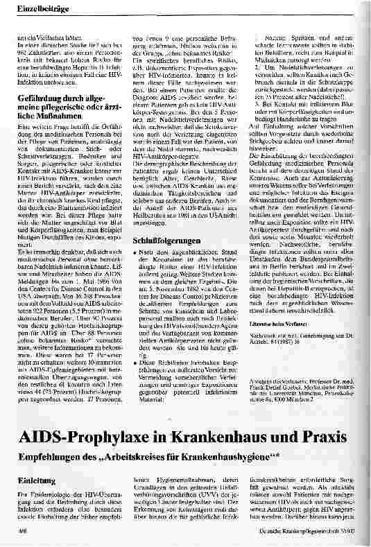 Vorschauseite 2: AIDS-Gefährdung Eine vorläufige Stellungnahme zur Gefährdung von ärztlichem, pflegerischem und technischem Personal