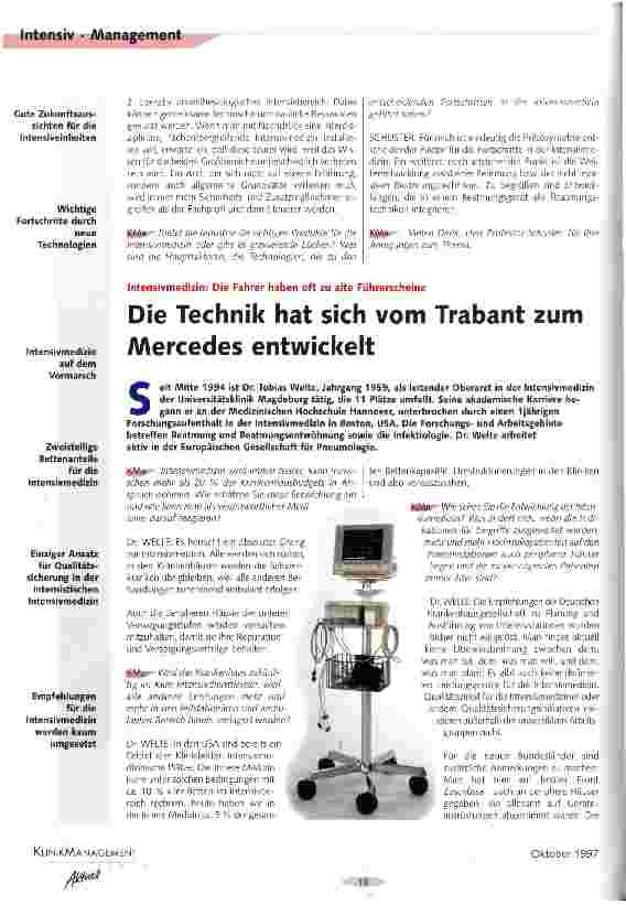Vorschauseite 3: Paradebeispiel für den technischen Fortschritt Die Entwicklung der Intensivmedizin