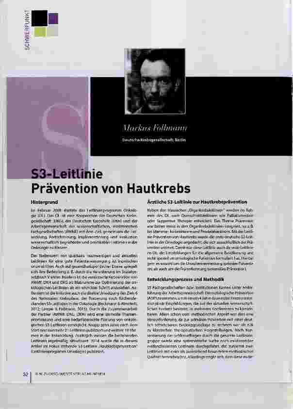 Vorschauseite 1: S3-Leitlinie Prävention von Hautkrebs