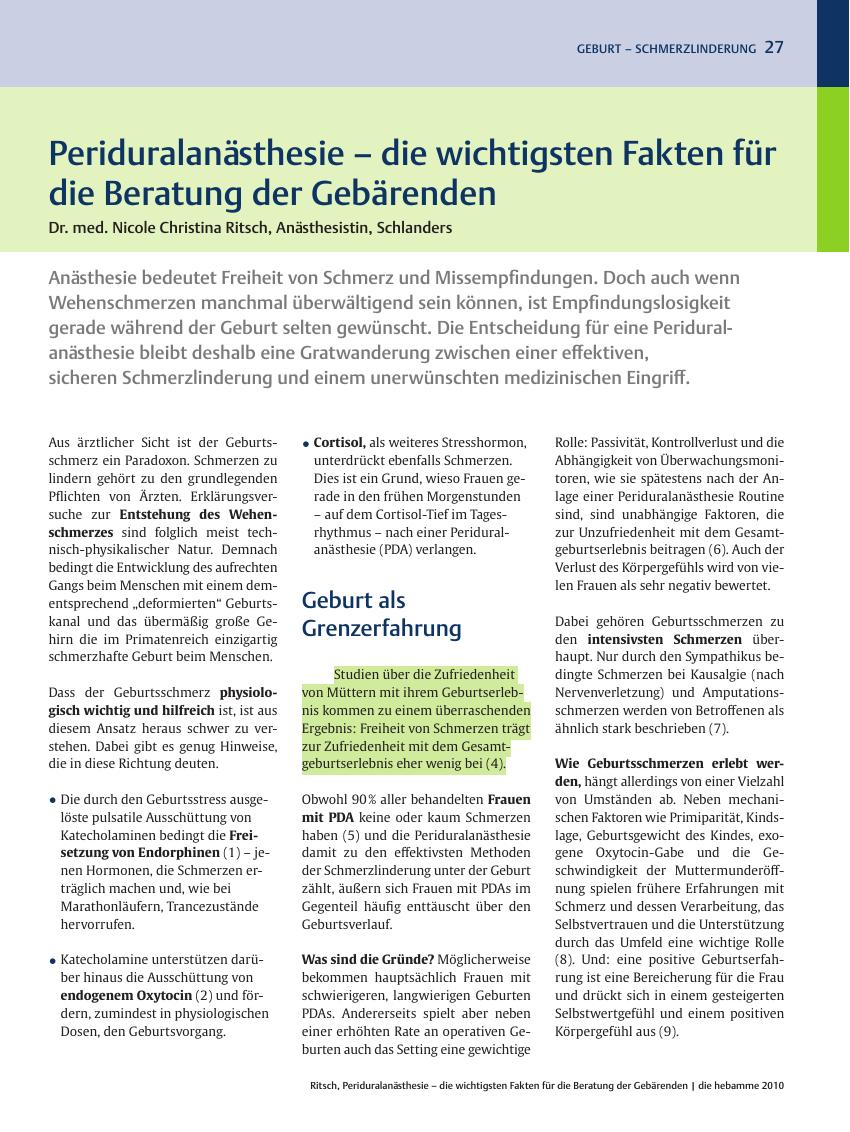 Vorschauseite 1: Periduralanästhesie – die wichtigsten Fakten für die Beratung der Gebärenden