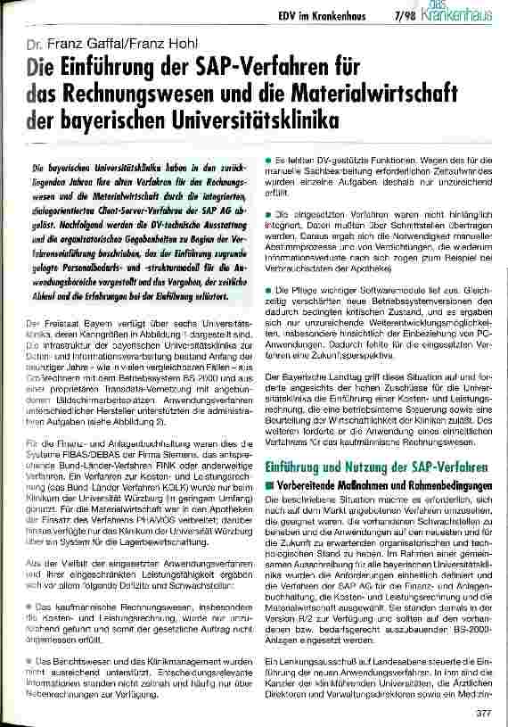 Vorschauseite 1: Die Einführung der SAP-Verfahren für das Rechnungswesen und die Materialwirtschaft der bayerischen Universitätsklinika