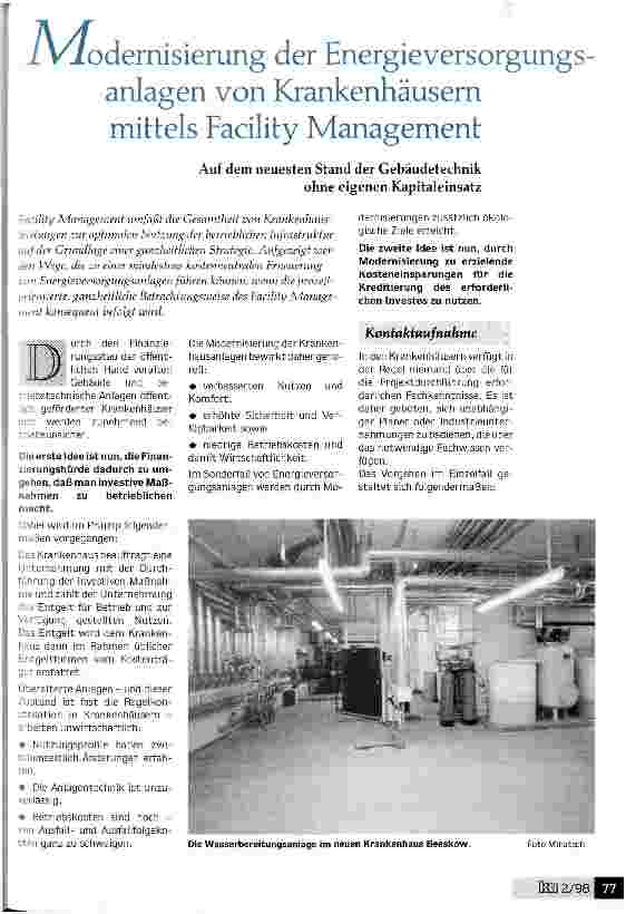 Vorschauseite 1: Modernisierung der Energieversorgungsanlagen von Krankenhäusern mittels Facility Management Aukf dem neuesten Stand der Gebäudetechnik ohne eigenen Kapitaleinsatz