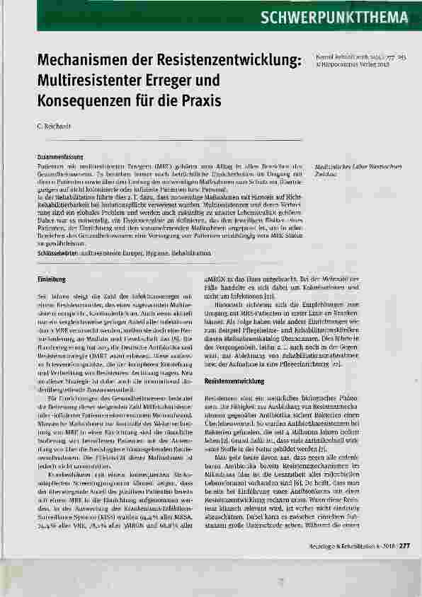 Vorschauseite 1: Mechanismen der Resistenzentwicklung; Multiresistenter Erreger und Konsequenzen für die Praxis