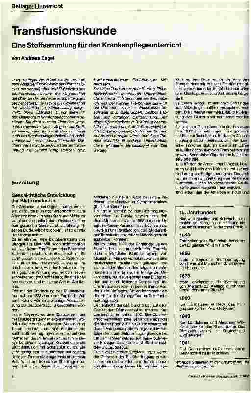 Vorschauseite 1: Transfusionskunde Eine Stoffsammlung für den Krankenpflegeunterricht