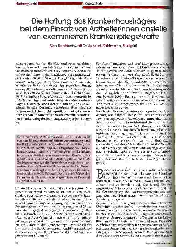 Vorschauseite 1: Die Haftung des Krankenhausträgers bei dem Einsatz von Arzthelferinnen anstelle von examinierten Krankenpflegekräften