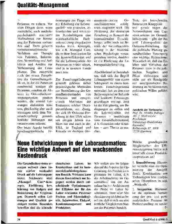 Vorschauseite 1: Neue Entwicklungen in der Laborautomation: Eine wichtige Antwort auf den wachsenden Kostendruck