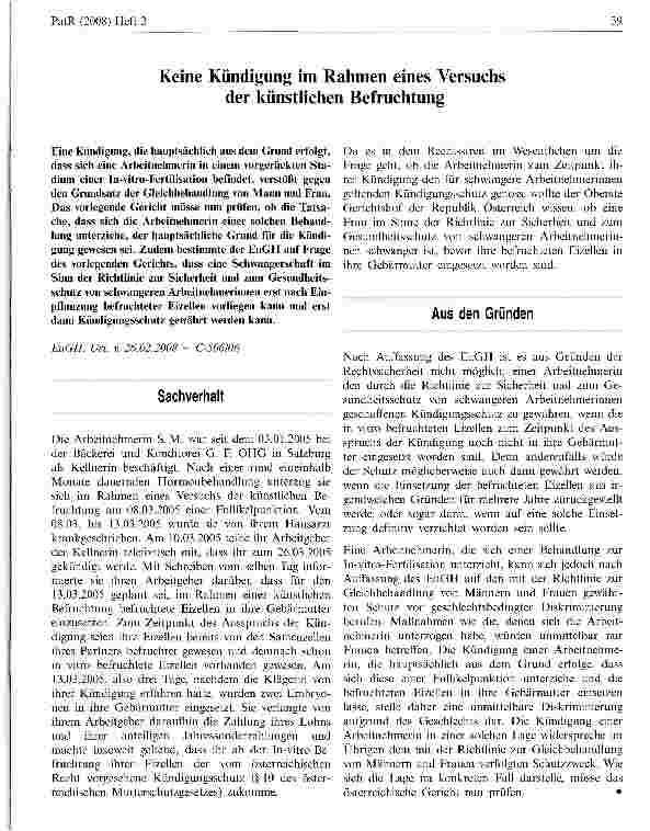 Vorschauseite 1: Keine Kündigung im Rahmen eines Versuchs der künstlichen Befruchtung