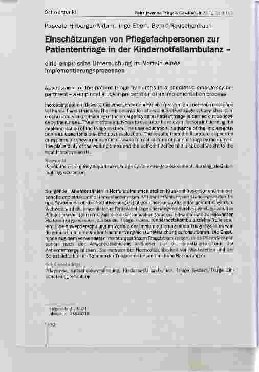 Vorschauseite 1: Einschätzungen von Pflegefachpersonen zur Patiententriage in der Kindernotfallambulanz