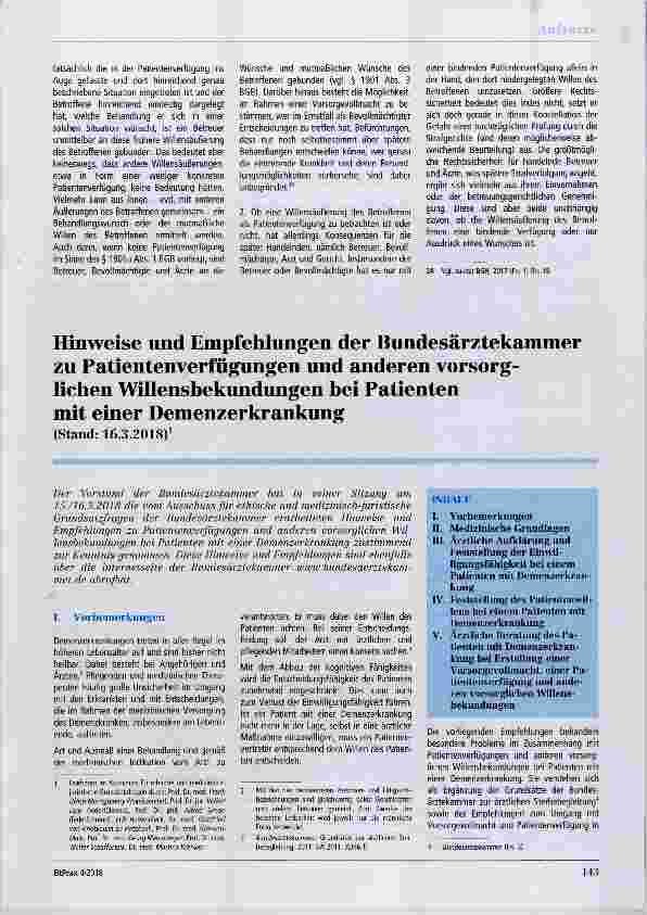 Vorschauseite 1: Hinweise und Empfehlungen der Bundesärztekammer zu Patientenverfügungen und anderen vorsorglichen Willenshekundungen hei Patienten mit einer Demenzerkrankung