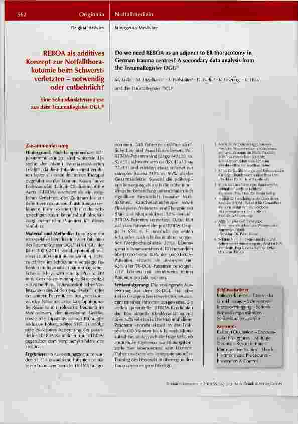 Vorschauseite 1: REBOA als additives Konzept zur Notfallthorakotomie beim Schwerstverletzten notwendig oder entbehrlich?