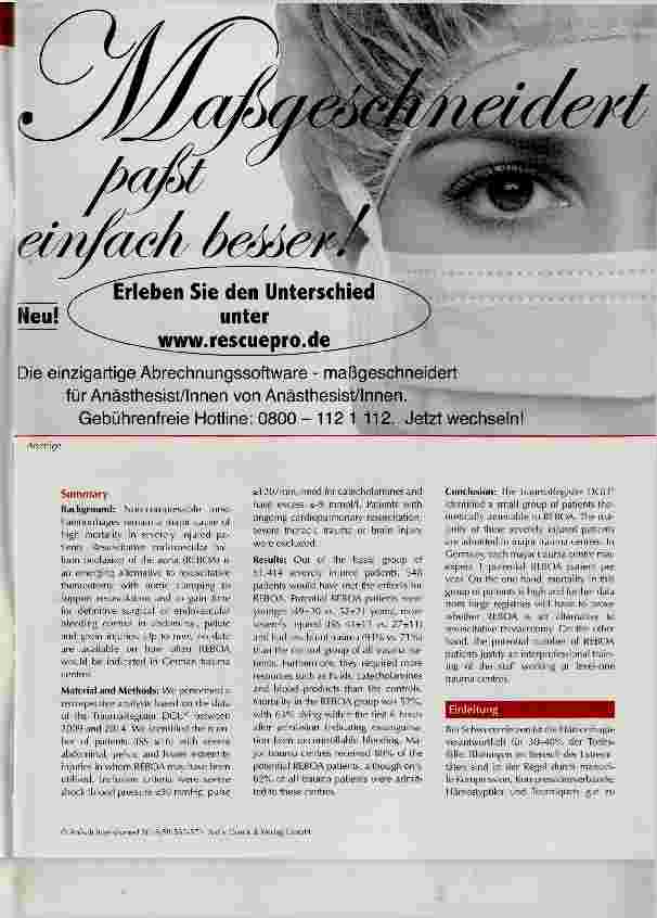 Vorschauseite 2: REBOA als additives Konzept zur Notfallthorakotomie beim Schwerstverletzten notwendig oder entbehrlich?