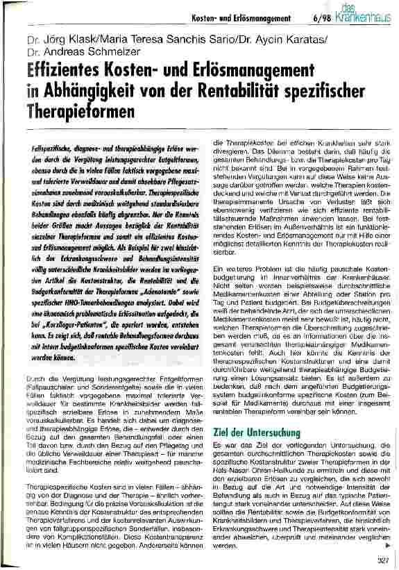 Vorschauseite 1: Effizientes Kostenund Erlösmanagement in Abhängigkeit von der Rentabilität spezifischer Therapieformen