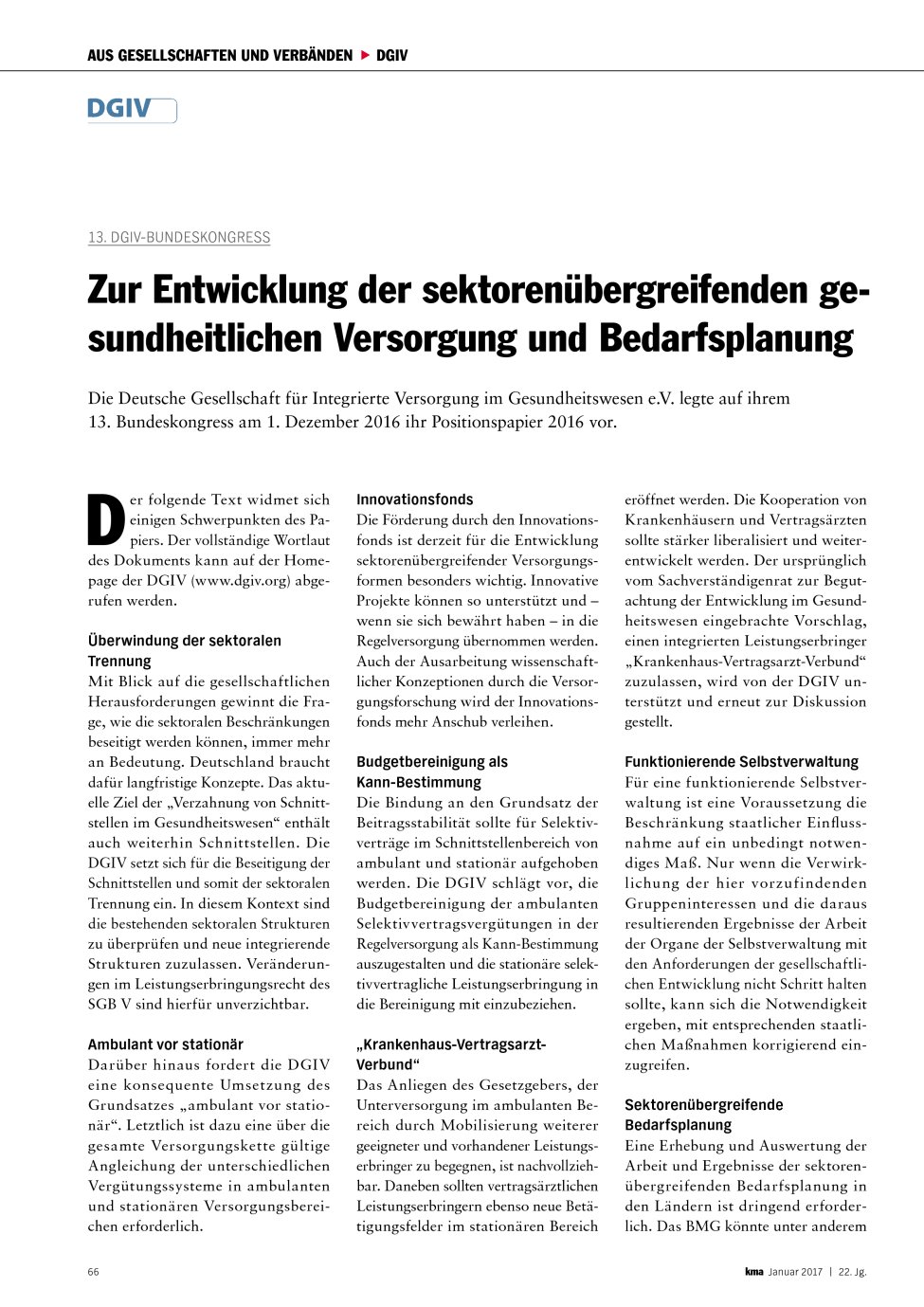 Vorschauseite 1: 13. DGIV-Bundeskongress: Zur Entwicklung der sektorenübergreifenden gesundheitlichen Versorgung und Bedarfsplanung